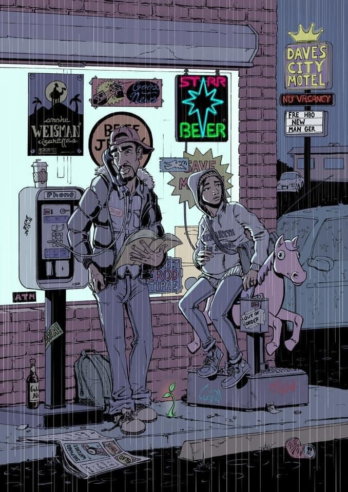 Modern Nativity scene as work of art pregnant couple out in rain by convenient store.