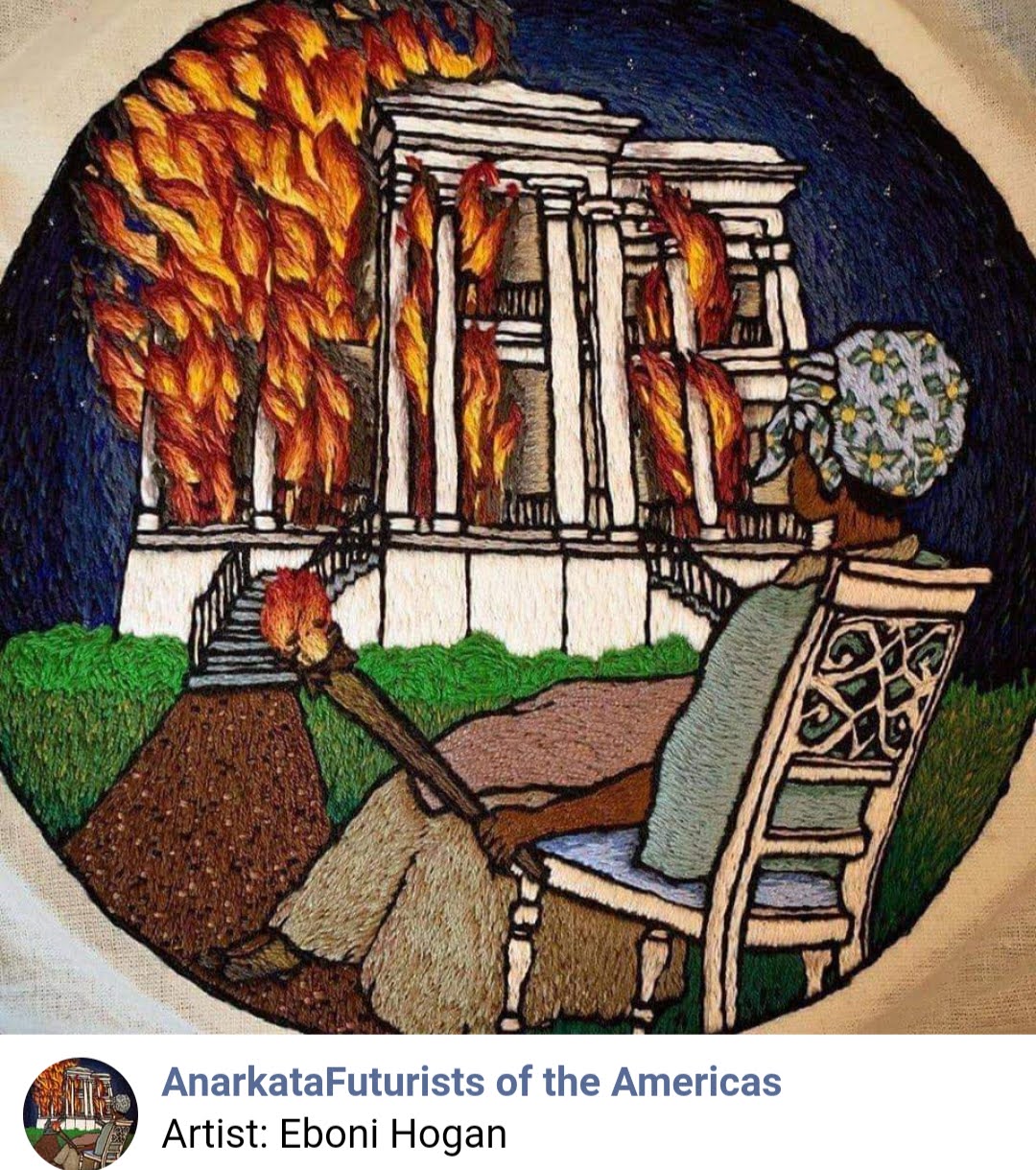 Art stitch by Eboni Hogan, Black lady sitting on porch chair watching plantation burn.