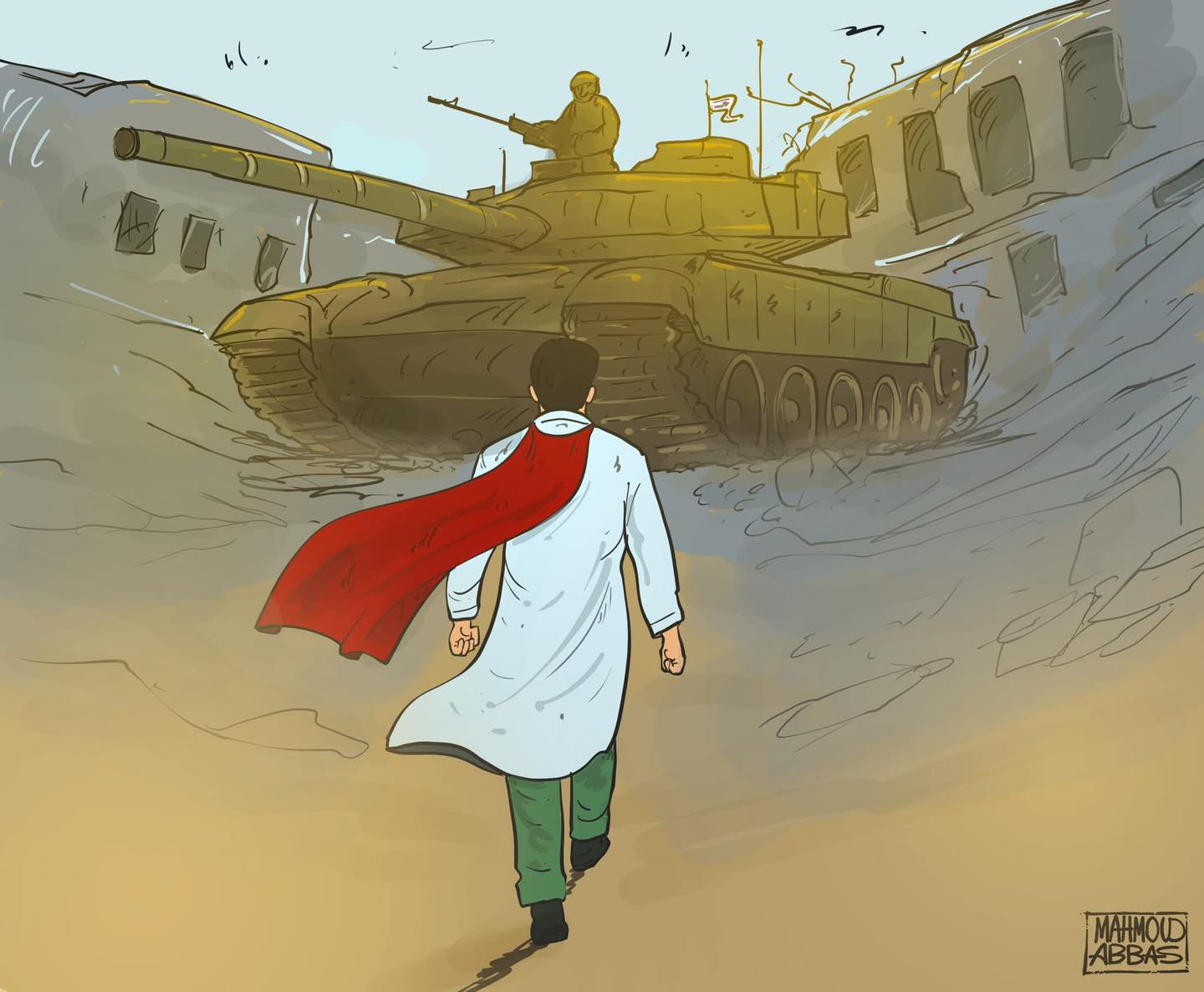 Graphic of Dr. Hussam Abu Saffiya walking towards an Israeli Tank.