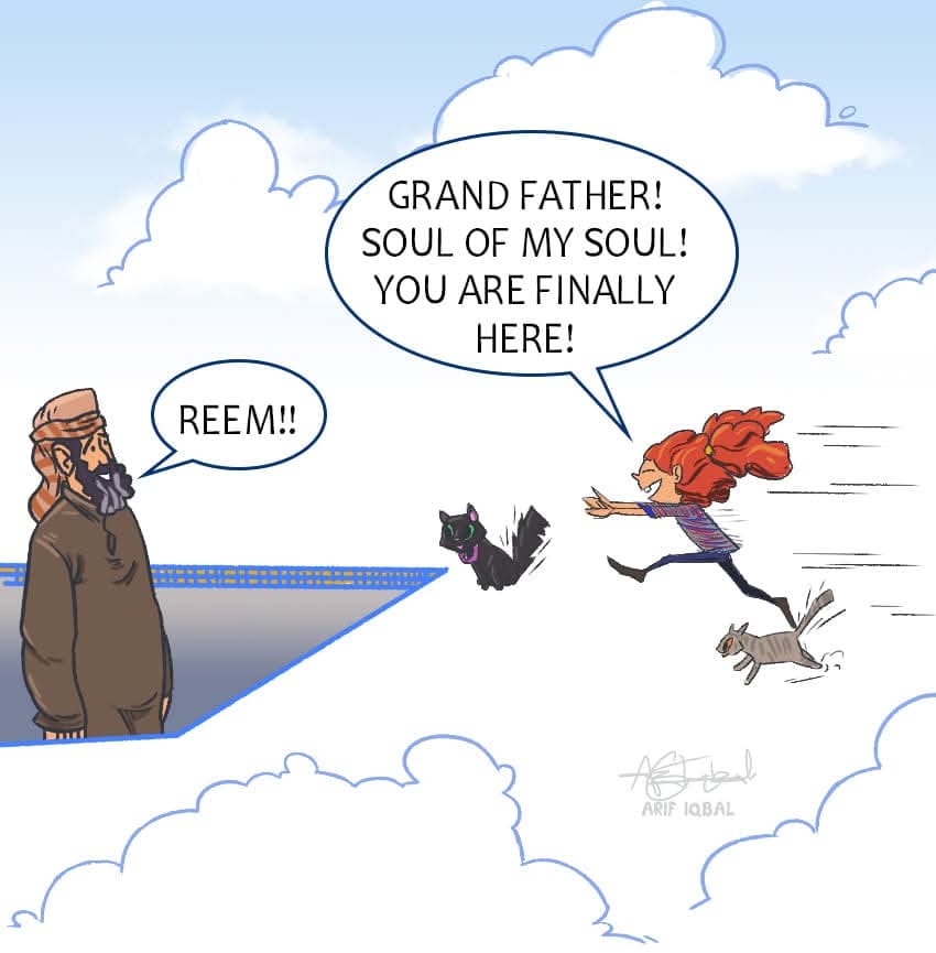 Comic of man arriving at heaven to see their granddaughter - Grandfather, soul of my soul, you are finally here.