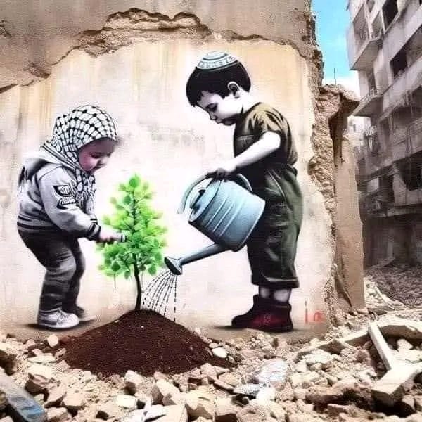 two children watering tree