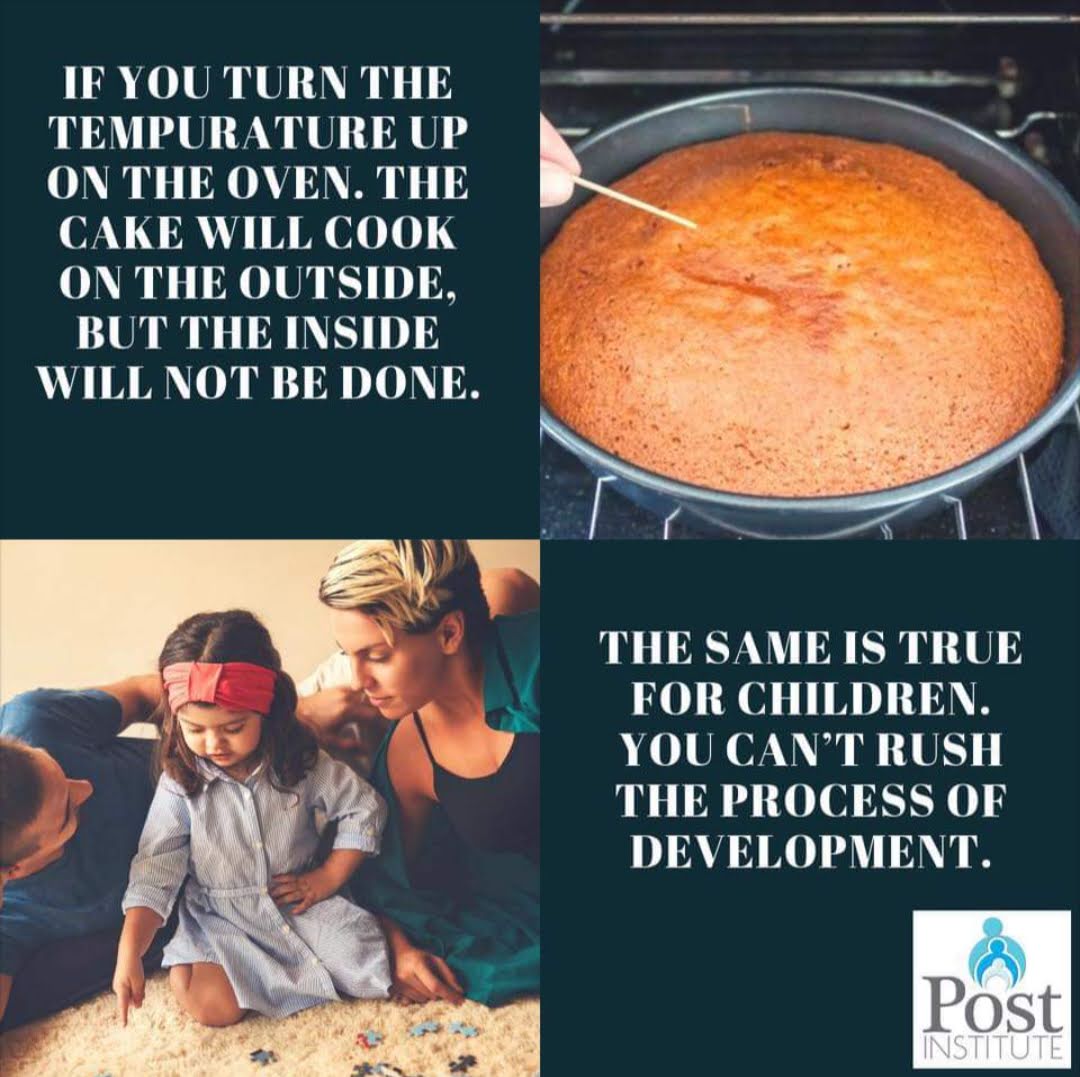 If you turn the temperature up on the oven, the cake will cook on the outside, but the inside will not be done. The same is true for children, you can't rush the process of development.