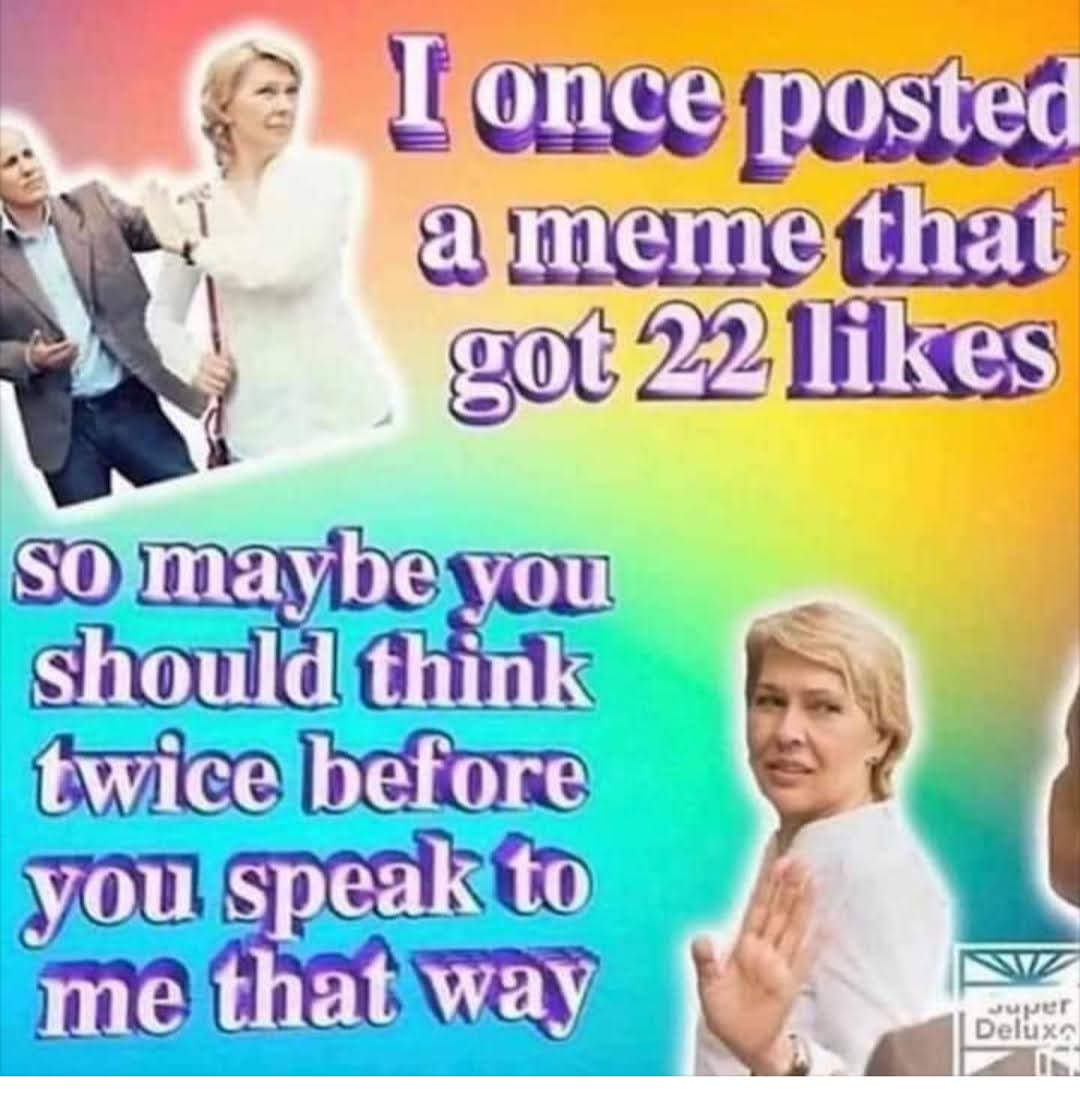 meme text - I once posted a meme that got 22 likes so maybe you should think twice before you speak to me that way
