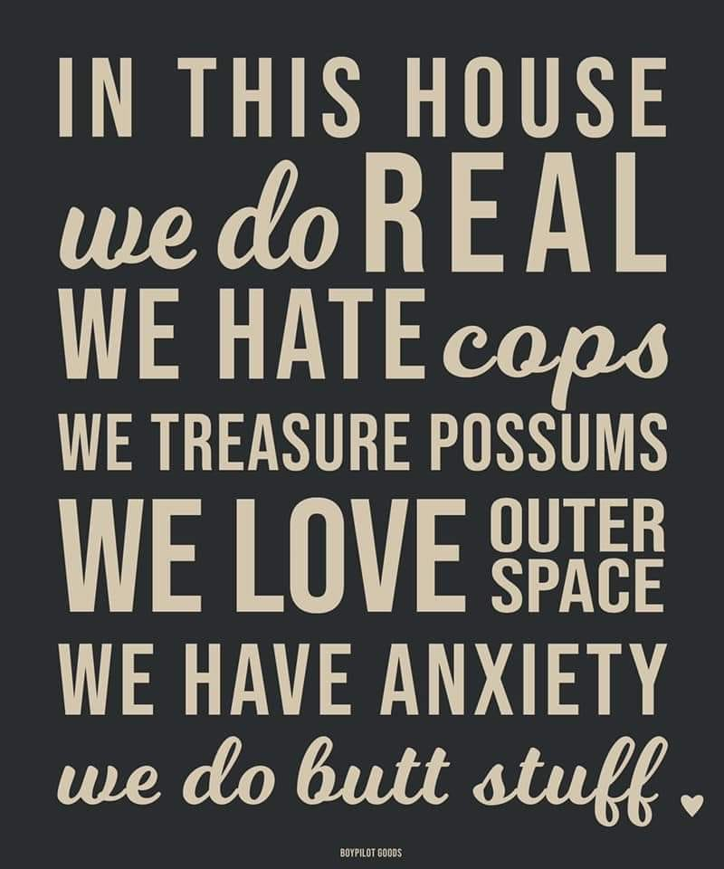 In this house we do real we hate cops we treasure possums we love outer space we have anxiety we do butt stuff <3.