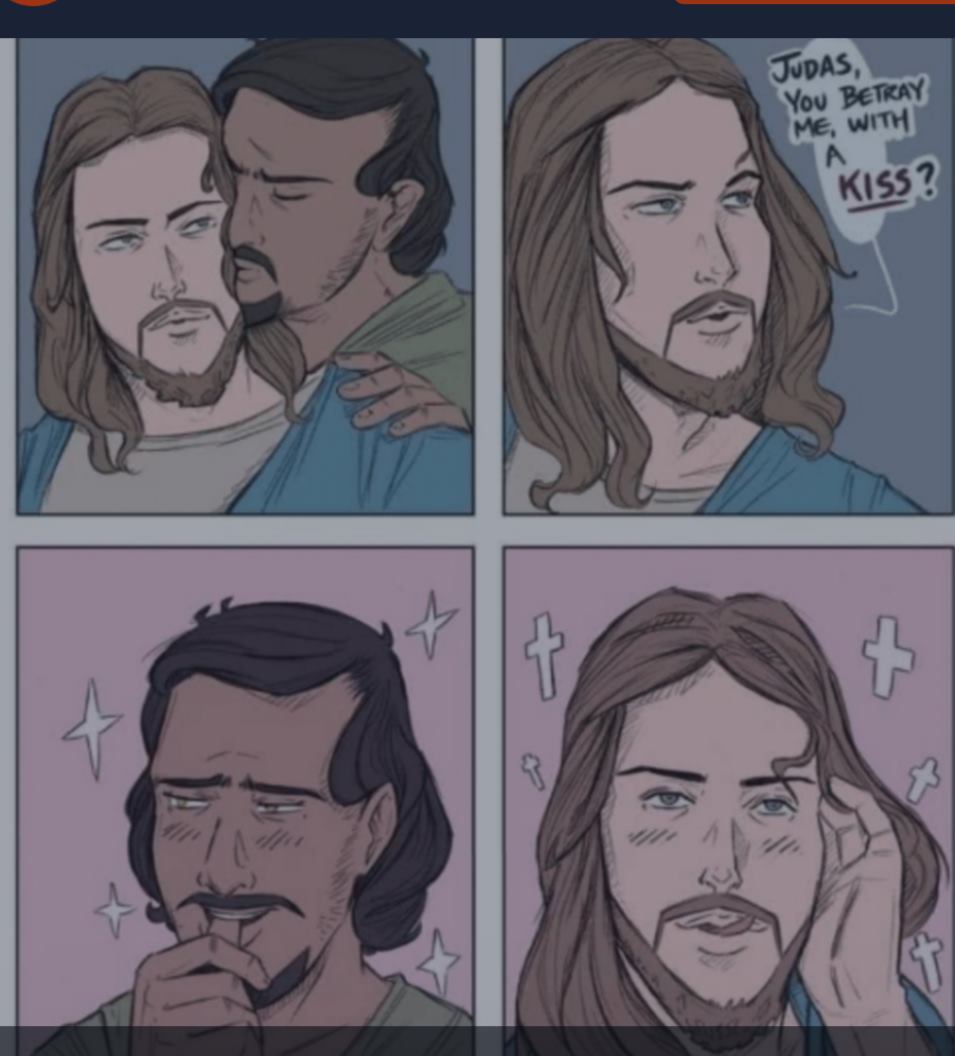 Comic drawn with Judas and Jesus - Judas, you would betray me with a kiss? They are both very cute and gay.