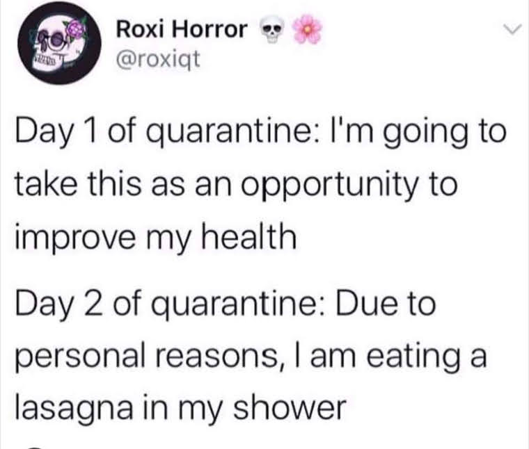 meme text - Day 1 of quarantine: I'm going to take this as an opportunity to improve my health.. Day 2 of quarantine: Que to personal reasons, I am eating a lasagna in my shower.