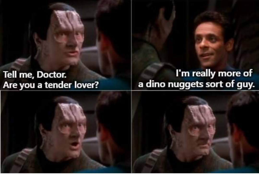 Star trek comic meme - Tell me Doctor. Are you a tender lover? - I'm really more of a dino nuggets sort of guy.