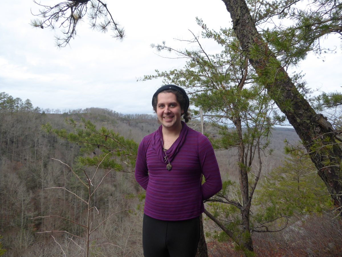 Landscape view posing on mountaintop in Red River Gorge, Kentucky.