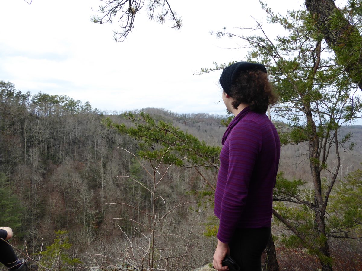 Landscape view posing on mountaintop in Red River Gorge, Kentucky.